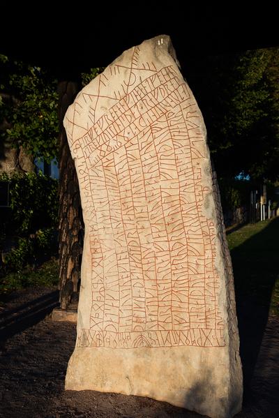 Back face of the Rök Runestone showing dense runic inscription