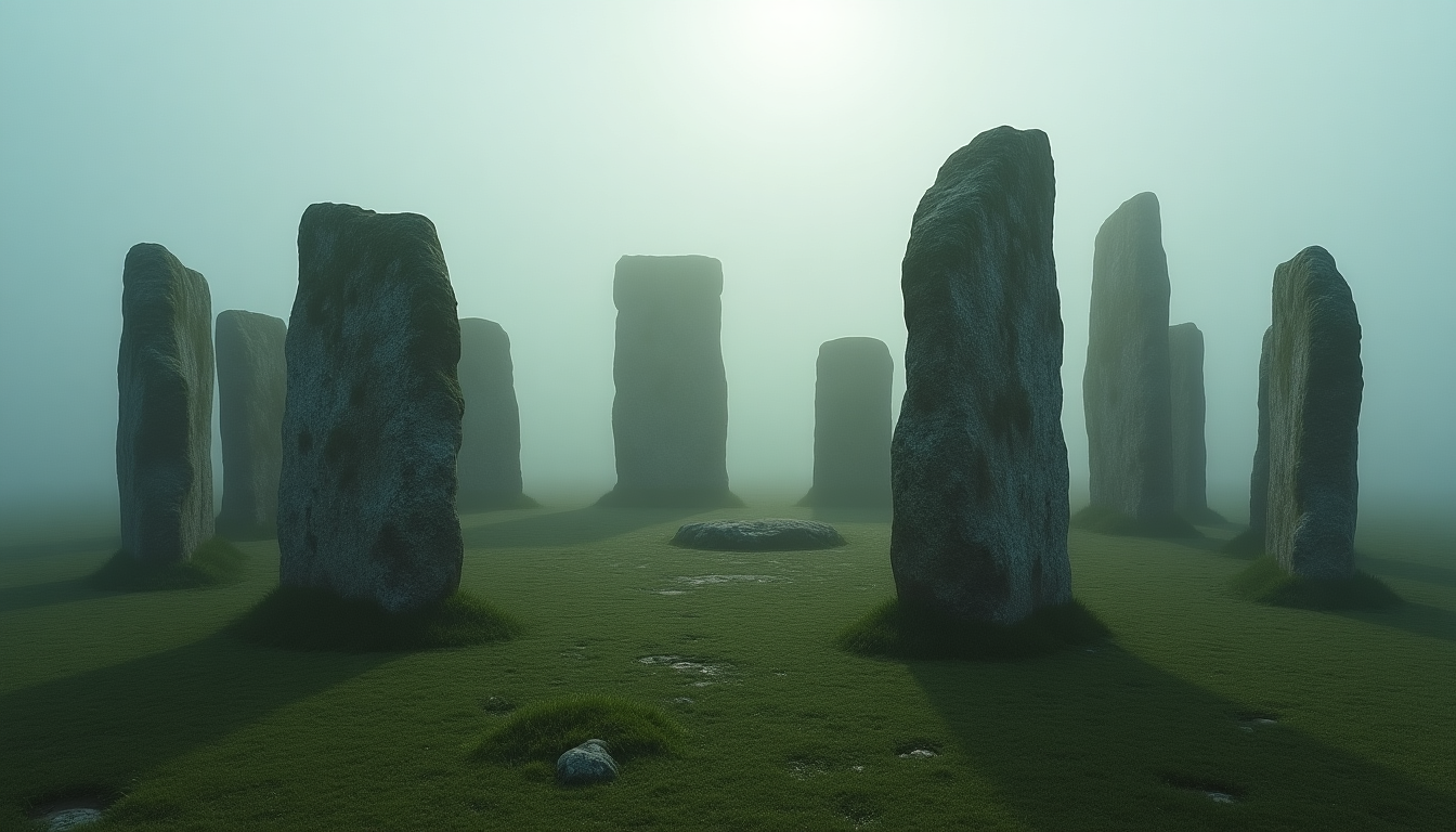 Ancient stone circle emerging from primordial mist