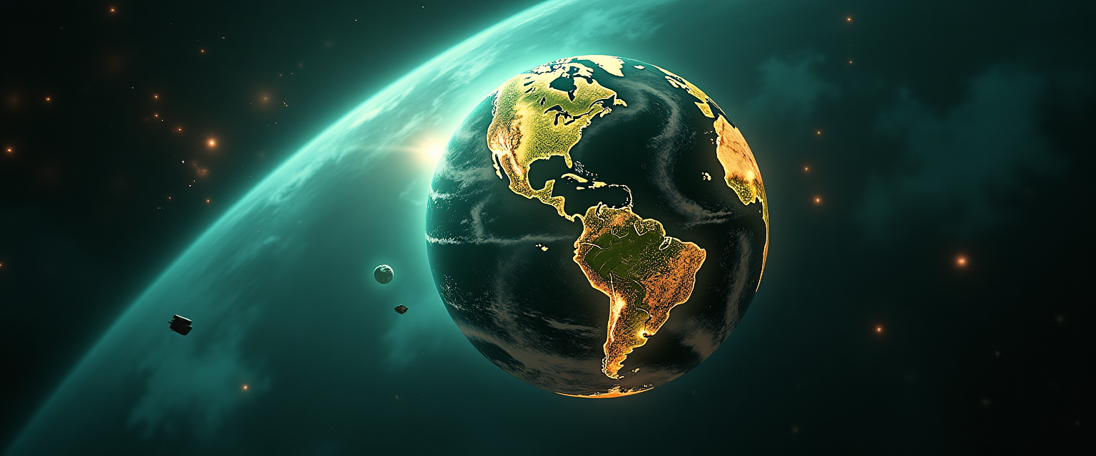 Earth as a glowing cosmic library floating in space