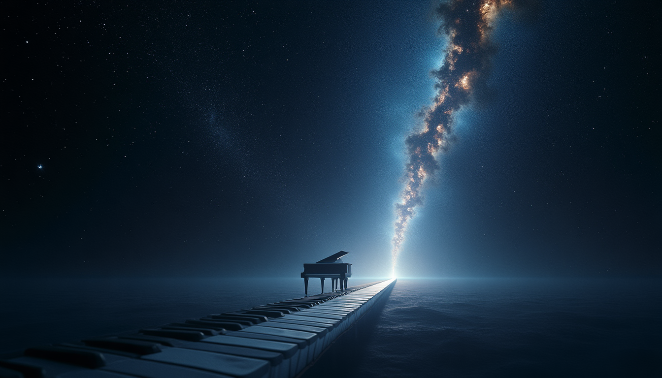 Single piano key revealing infinite cosmic orchestra
