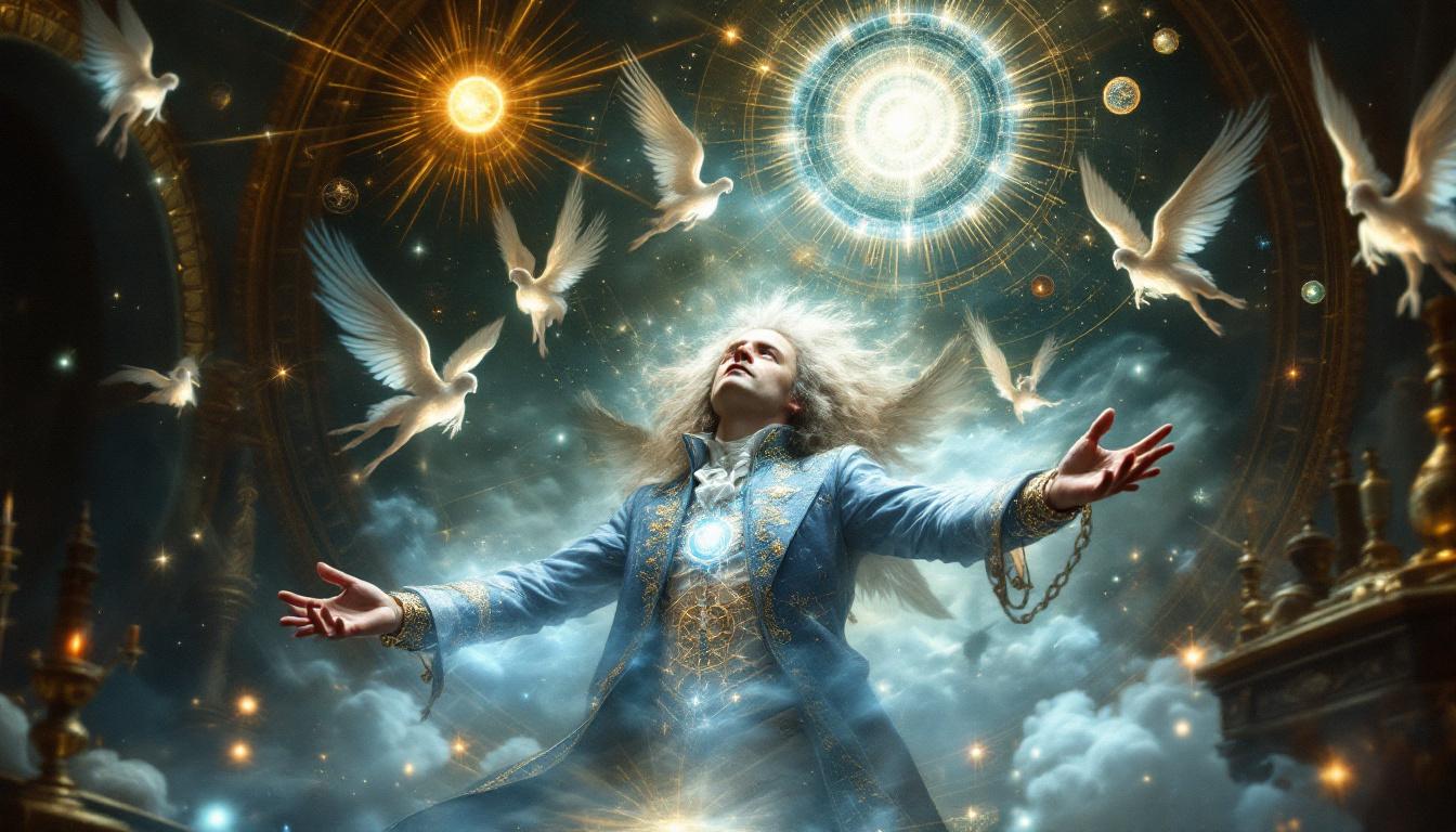 Emanuel Swedenborg receiving the vision of the dual sun - spiritual gold and natural silver - with angelic beings surrounding him