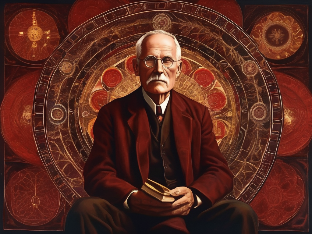 Carl Jung in his study surrounded by mandalas and archetypal symbols