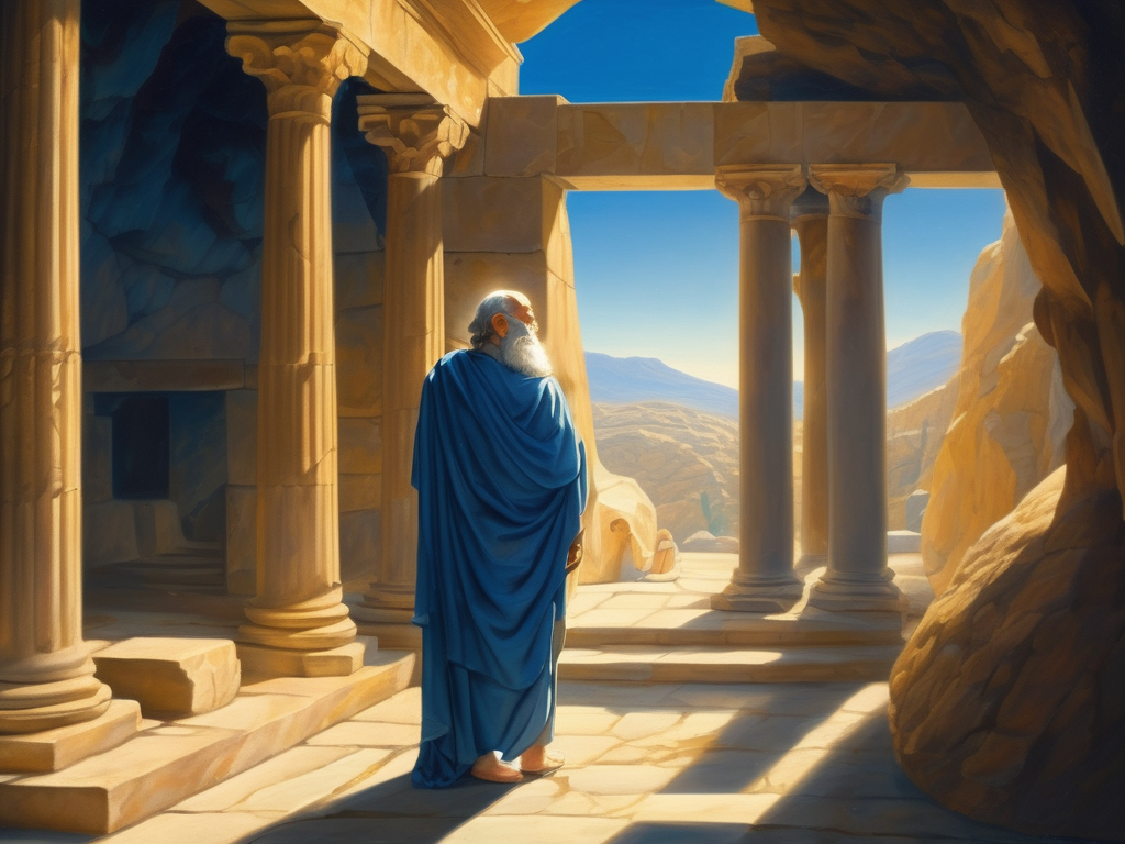 Plato at the cave entrance, looking toward the light of Forms