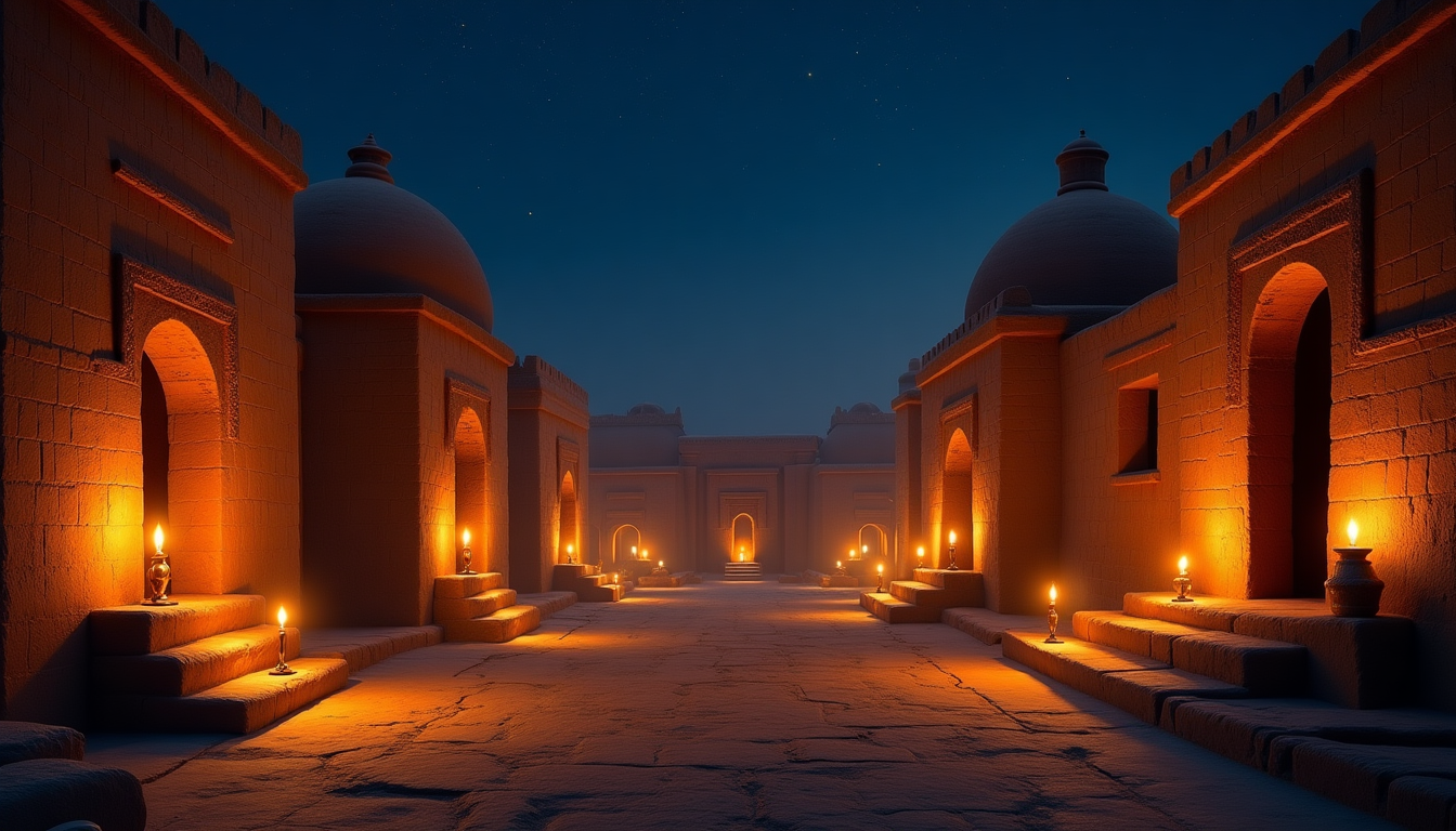 Ancient Indus Valley city at night